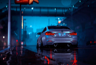 обоя bmw m4, автомобили, bmw, серый, дождь, город, улица