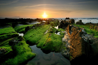 Картинка природа восходы закаты камни море скалы зеленые солнце
