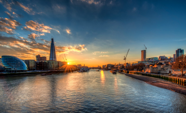 Обои картинки фото города, лондон, великобритания, солнце, темза, суда