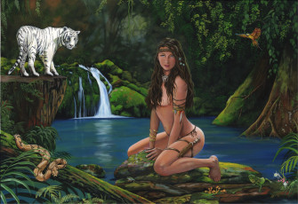 Картинка фэнтези девушки озеро удав тигр лес тропический девушка