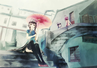 Картинка аниме vocaloid девочки зонт здания город арт anna anna1997 лестница yuezheng ling luo tianyi china
