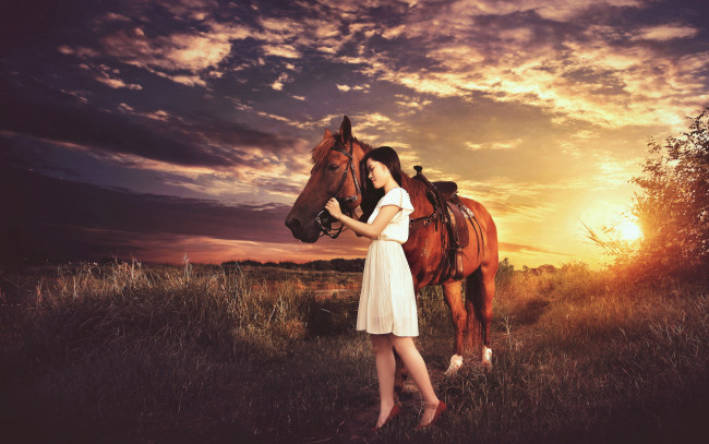 Обои картинки фото девушки, -unsort , азиатки, закат, конь, девушка, настроение
