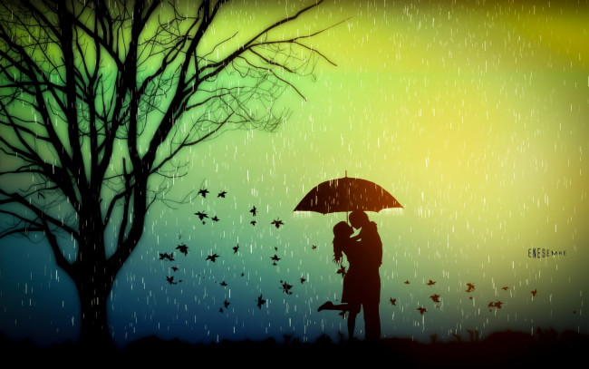 Обои картинки фото векторная графика, люди , people, влюбленные, осень, зонт, романтика, любовь, дерево, настроение, листья, дождь