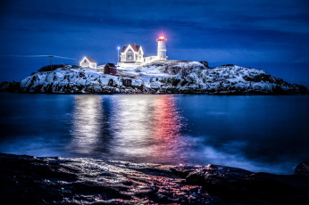 Картинка природа маяки мыс неддик ночь маяк штат мэн nubble lighthouse