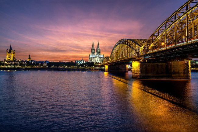 Обои картинки фото города, кельн , германия, кельн, закат, кельнский, собор, мост