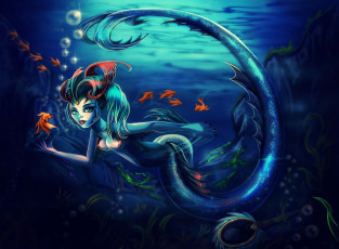 Картинка фэнтези существа девушка фон существо взгляд рыбки