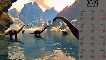 Картинка календари 3д-графика гора водоем динозавр
