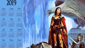 Картинка календари фэнтези доспехи птица скелет оружие воительница девушка