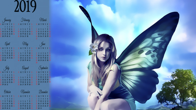 Обои картинки фото календари, фэнтези, дерево, цветок, крылья, фея, девушка