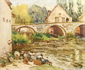 Картинка рисованное alfred+sisley живопись здания мост люди
