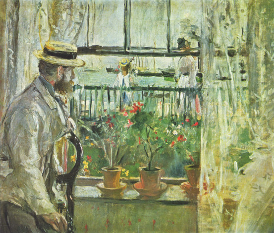 Обои картинки фото рисованное, berthe morisot, мужчина, окно, цветы, женщина, девочка