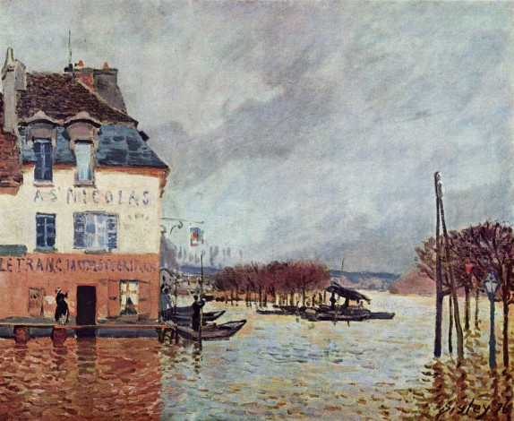 Обои картинки фото flood at port-marly, рисованное, alfred sisley, здание, люди, лодки, наводнение, деревья