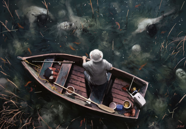 Обои картинки фото фэнтези, нежить, человек, лодка, озеро, умертвия
