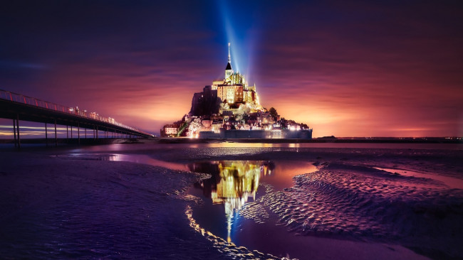 Обои картинки фото города, крепость мон-сен-мишель , франция, крепость, ночь