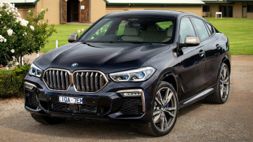 обоя bmw x6 m50i, автомобили, bmw, черный, площадка, лужайка, дом, кусты