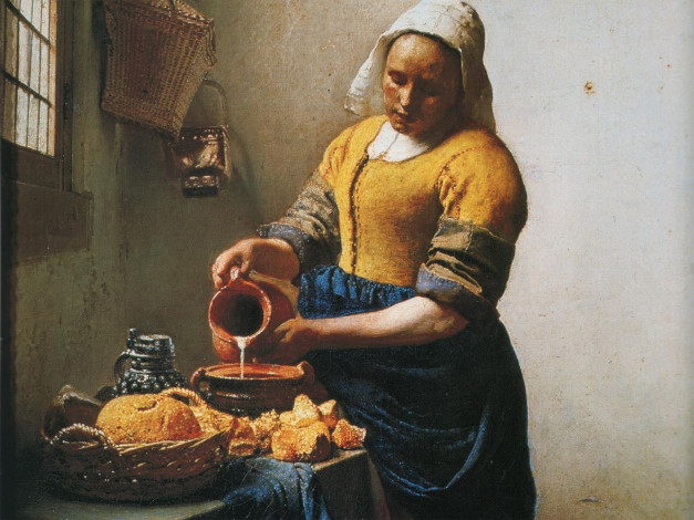 Обои картинки фото служанка, кувшином, молока, рисованные, jan, vermeer