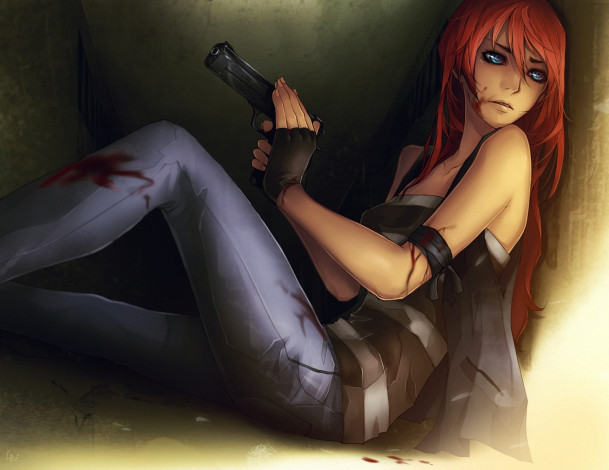 Обои картинки фото аниме, weapon, blood, technology, девушка, оружие, пистолет, кровь, рана, сидя, стена, рыжая