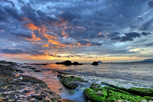 Обои картинки фото природа, побережье, камни, море, скалы, закат
