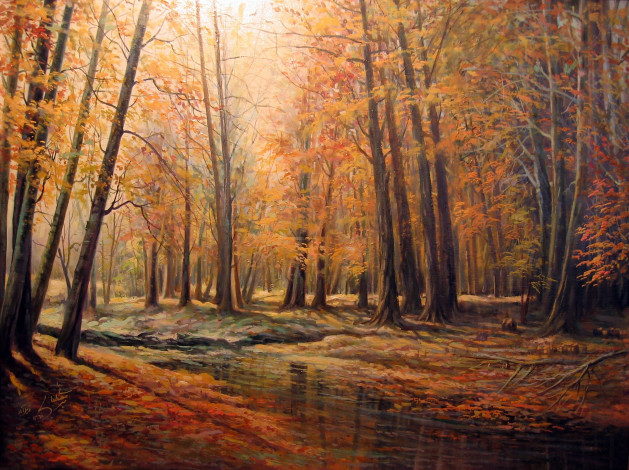 Обои картинки фото рисованные, живопись, ручей, лес