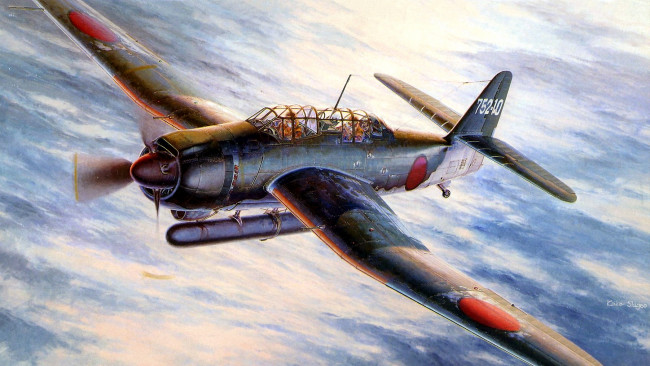 Обои картинки фото авиация, 3д, рисованые, v-graphic, самолет, торпеда, японец, полет, небо, море