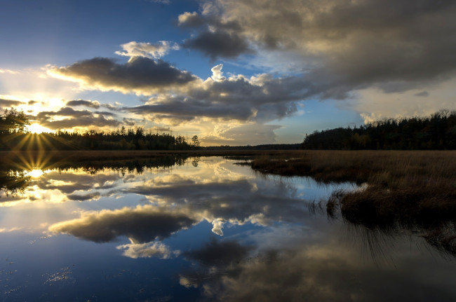 Обои картинки фото природа, реки, озера, вода, трава, солнце, отражение, небо, облака
