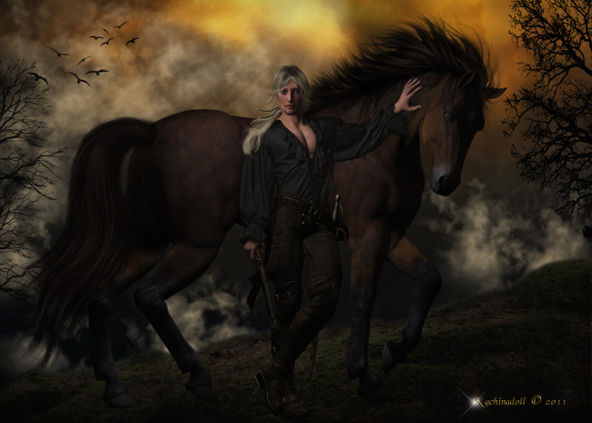 Обои картинки фото 3д графика, люди , people, оружие, лошадь, мужчина
