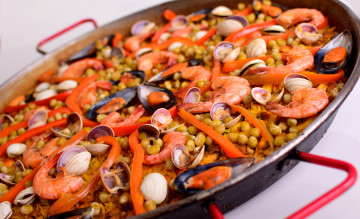 Картинка еда рыбные+блюда +с+морепродуктами креветки нут моллюски рис паэлья