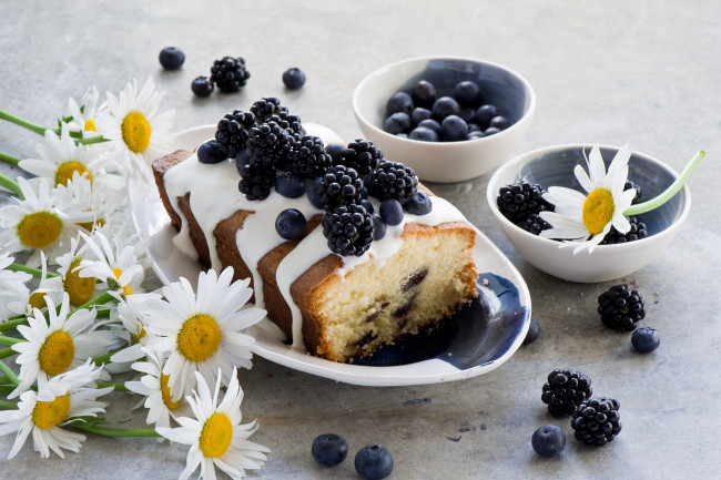 Обои картинки фото еда, пирожные,  кексы,  печенье, ромашки, цветы, черника, ежевика, кекс, ягоды