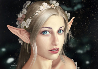 Картинка фэнтези эльфы цветы волосы лицо арт fantasy эльфийка уши взгляд фон плечи