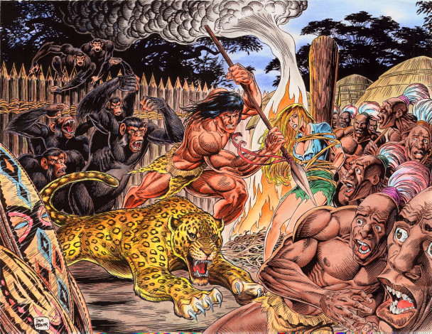 Обои картинки фото рисованное, комиксы, звери, тарзан, девушка, аборигены, фон