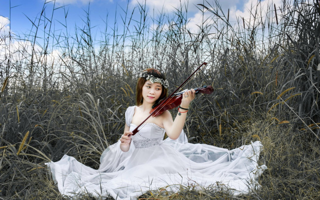 Обои картинки фото музыка, -другое, девушка, скрипка, азиатка, трава, природа