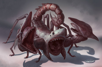Картинка фэнтези существа существо фон пасть акула скорпион