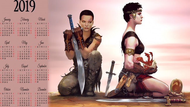 Обои картинки фото календари, фэнтези, calendar, сидеть, яйцо, дракон, оружие, девушка