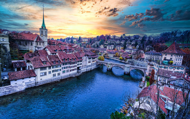Обои картинки фото города, берн , швейцария, река, мост, закат