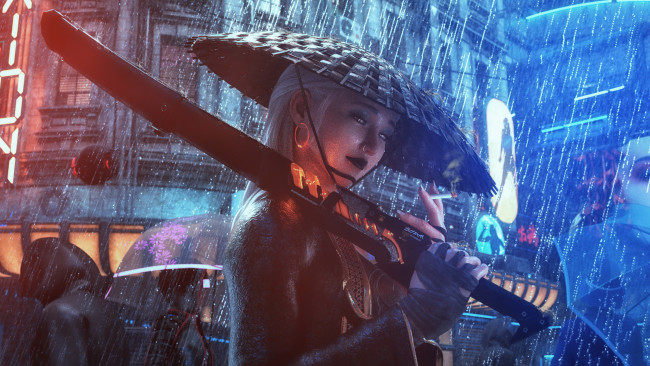 Обои картинки фото 3д графика, фантазия , fantasy, девушка, фон, взгляд, дождь, сигарета, пирсинг, меч