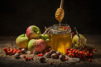 Картинка еда разное яблоки мед орехи рябина
