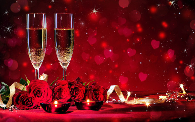 Обои картинки фото праздничные, день святого валентина,  сердечки,  любовь, свечи, бокалы, шампанское, розы, сердечки