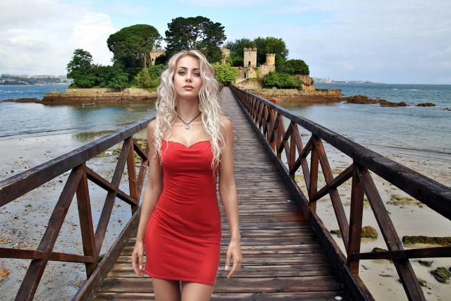 Обои картинки фото девушки, - блондинки,  светловолосые, остров, мост, блондинка, платье, мини