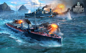 обоя видео игры, world of warships, корабли, огонь, бой, море, скалы