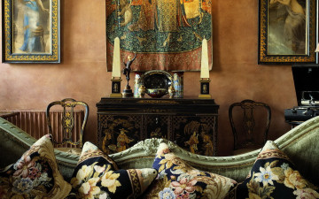 Картинка интерьер декор отделка сервировка подушки свечи картины стулья