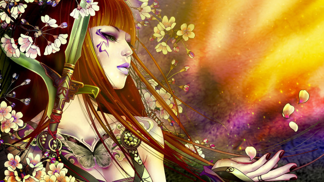 Обои картинки фото фэнтези, девушки, бабочка, меч, цветы
