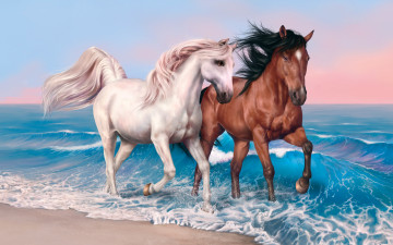 обоя рисованные, животные,  лошади, море, лошади, кони