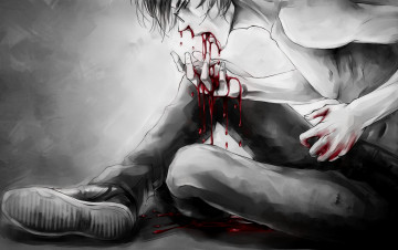 Картинка аниме -weapon +blood+&+technology парень арт кровь сидит