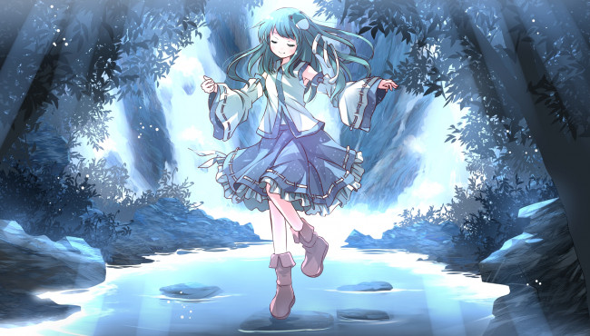 Обои картинки фото аниме, touhou, арт, девочка, платье, лес, озеро, вода, деревья, лучи