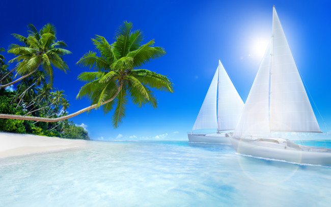 Обои картинки фото разное, компьютерный дизайн, океан, яхты, тропики, пальмы