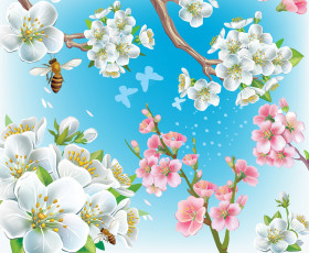 обоя векторная графика, цветы , flowers, цветы, ветка, коллаж, природа, весна, пчела, сад