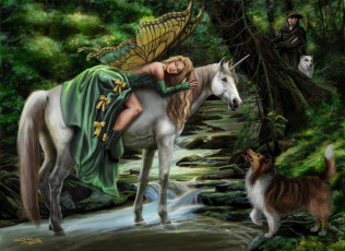 Картинка фэнтези существа faerie steed sandra chang арт девушка фея единорог собака охотник волшебный лес