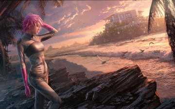 Картинка фэнтези девушки берег гавайи курорт вода море волна девушка чайка закат дом