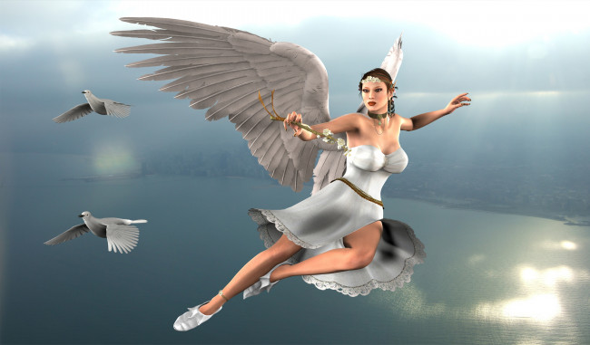 Обои картинки фото 3д графика, ангел , angel, эльфийка, облака, река, ветка, голуби, полет, ангел, фон, взгляд, девушка