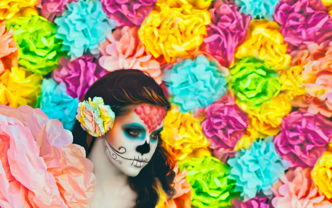 Обои картинки фото разное, маски,  карнавальные костюмы, скилет, цветы, девушка